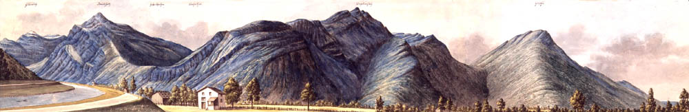 Panoramazeichnung des unteren Glarnerlandes mit dem Escherkanal bei Mollis. Zeichnung von H.C. Escher, 1816