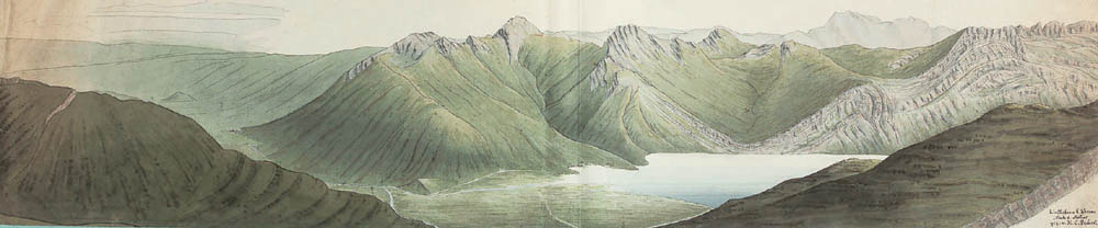 Panoramazeichnung von H.C. Escher von der Linth, undatiert. Die Zeichnung zeigt die entsumpfte Linthebene bei Weesen